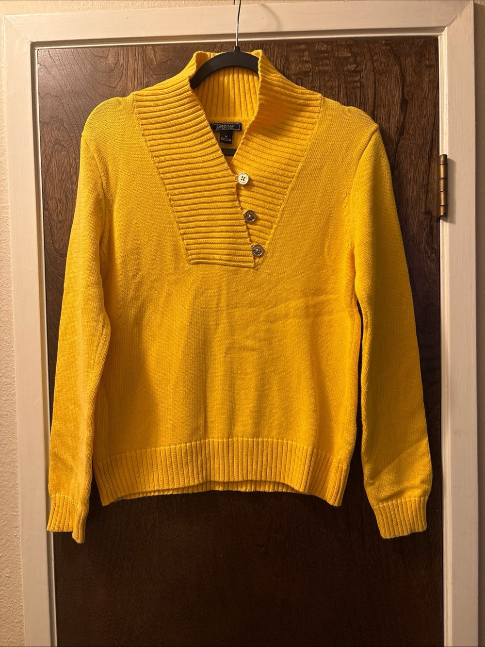 American Living Yellow Ribbed Shawl-Collar Button Sweater